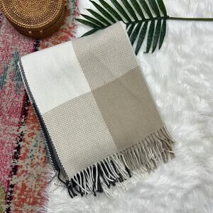 $198 Foxford Plaid Throw Blanket Lambswool Cashmere Gray Beige Cream